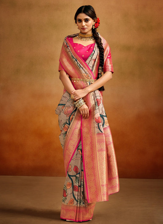 Beige Saree With Contrast Blouse