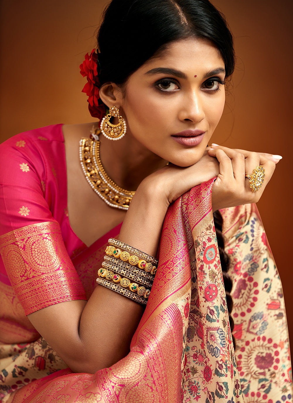 Beige silk saree for women party wear