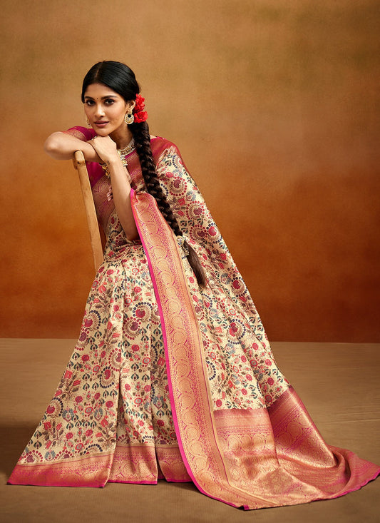 Beige Saree With Contrast Blouse