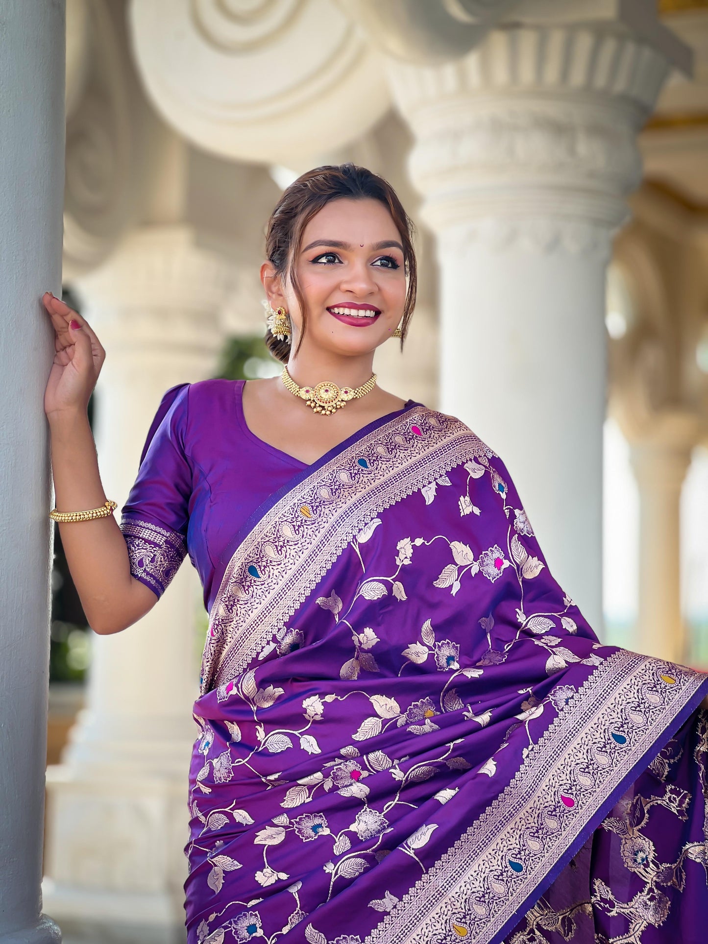 Purple color banarasi silk saree online shopping
