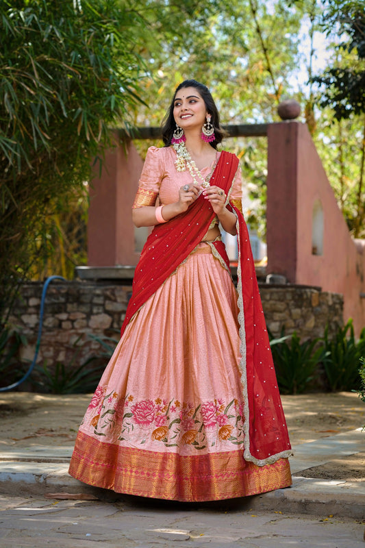 Peach color cotton silk lehenga choli online shopping