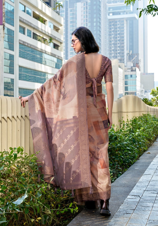 Brown color handloom modal silk saree for wedding