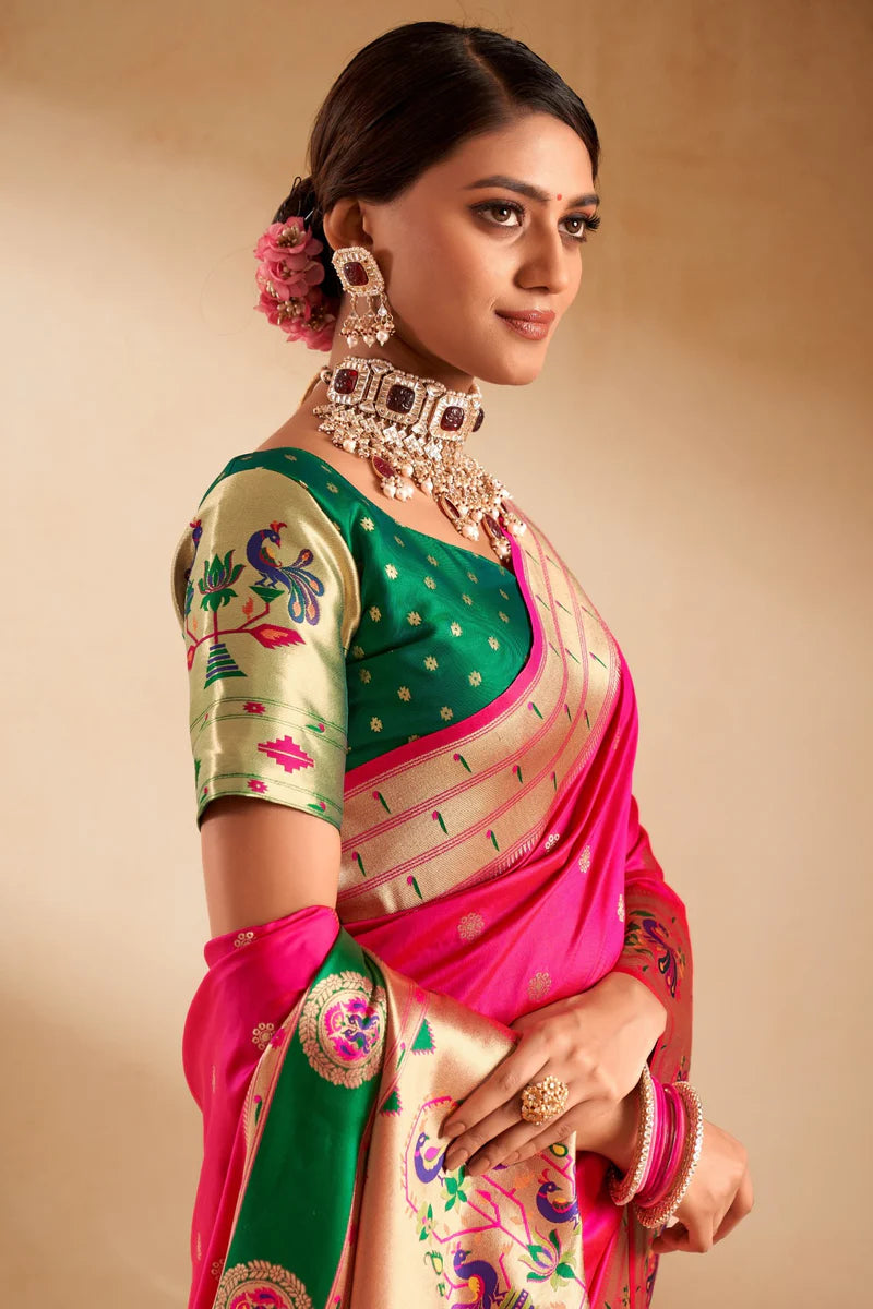 Pure pink color paithani silk saree for women