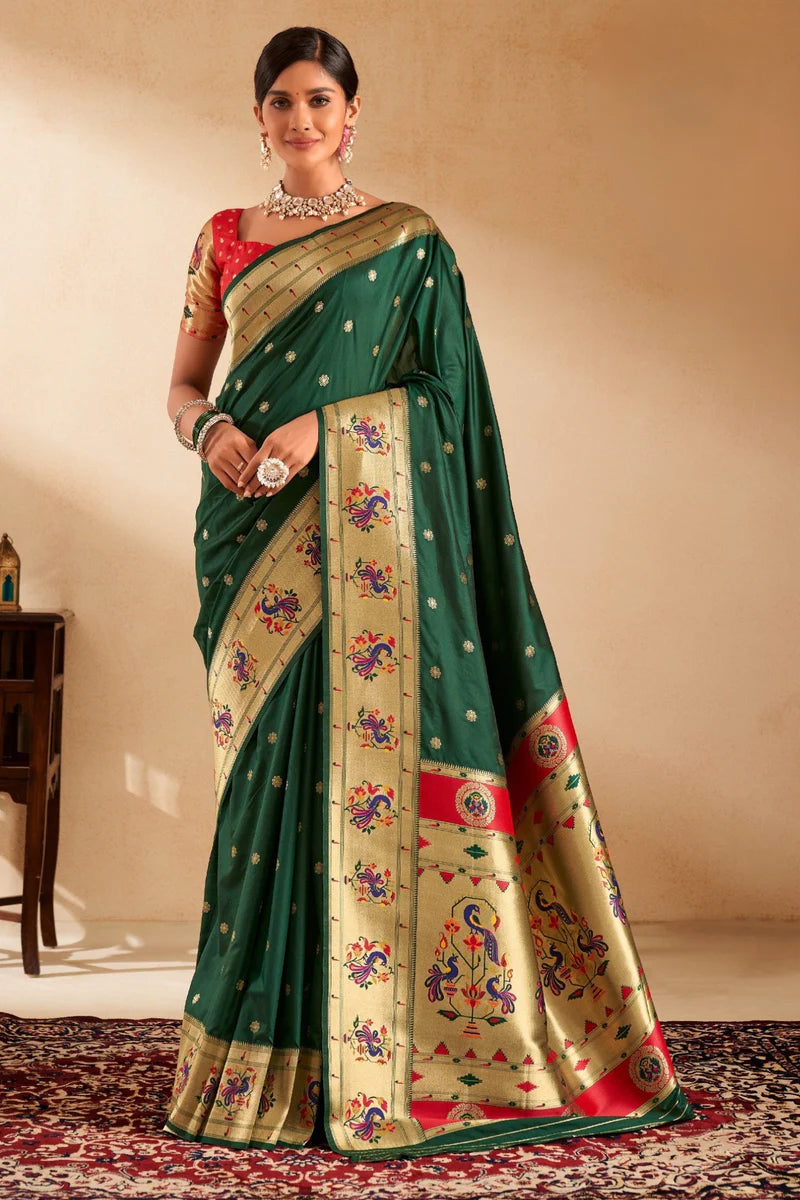 Pure green color paithani silk saree for women