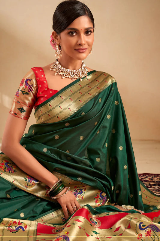 Green color paithani silk saree for women price
