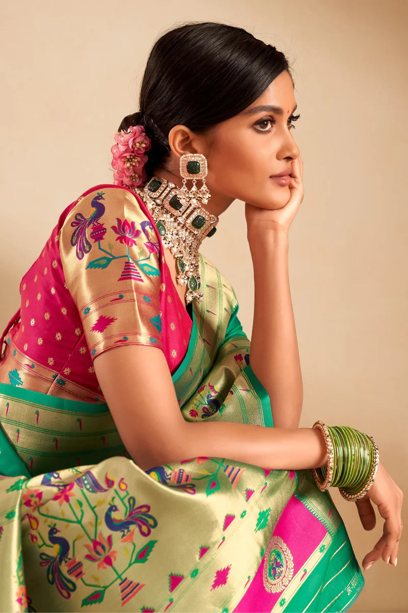 Green color paithani silk saree for women online