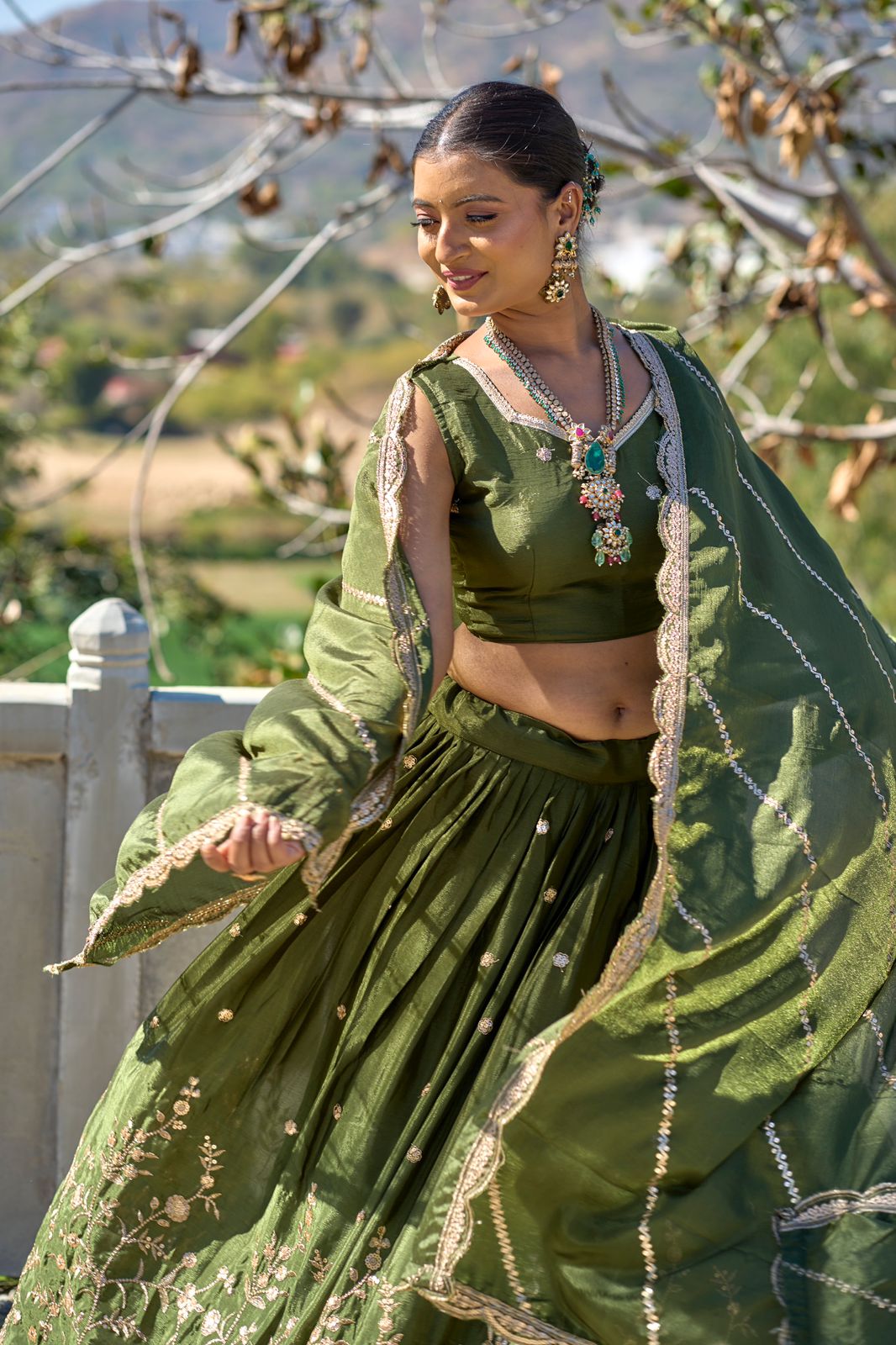 Mehendi color chinon lehenga choli for women