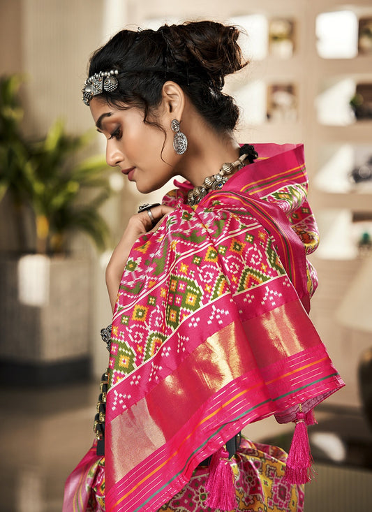 Pink color tussar silk patola printed saree for women online