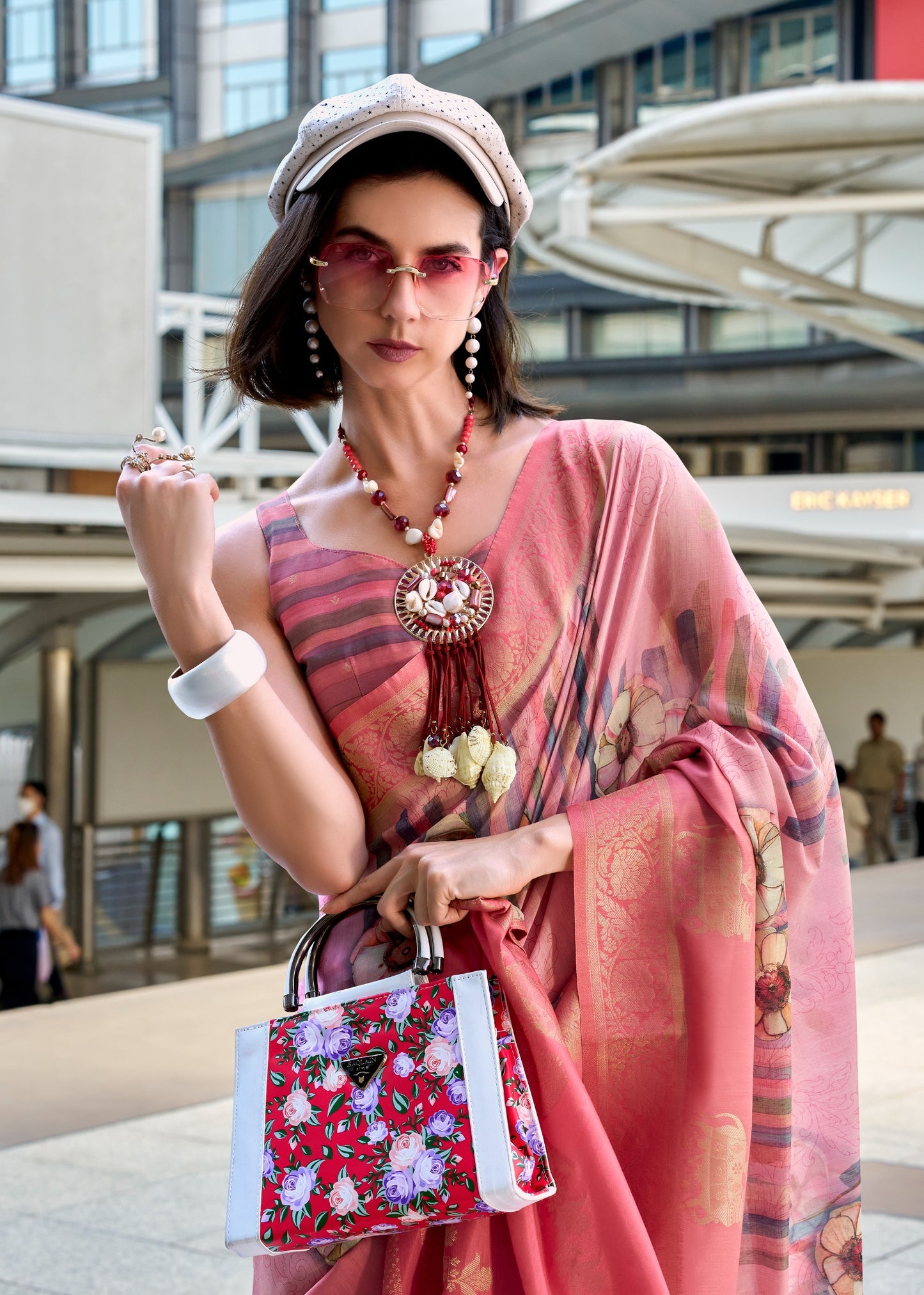 Pink color handloom modal silk printed saree price