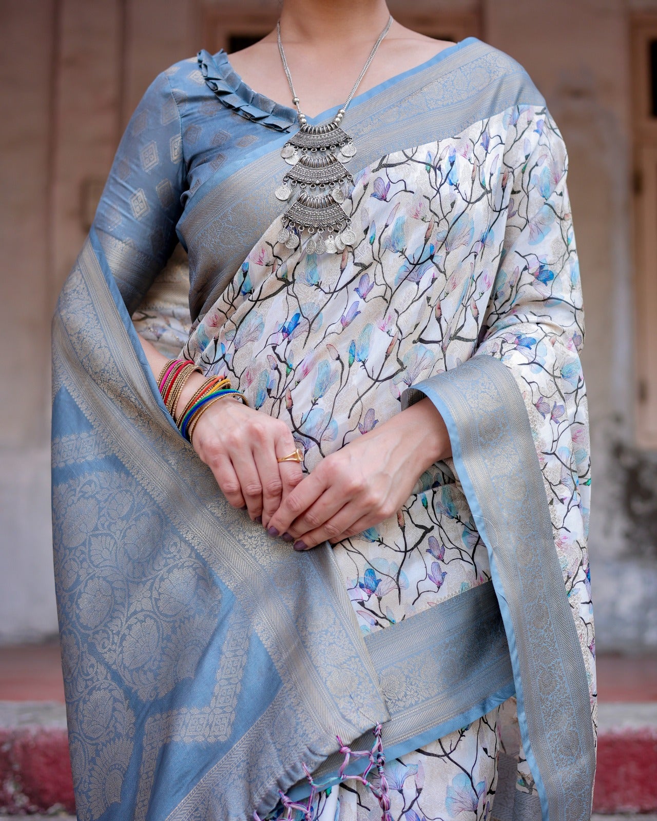 Blue Color banarasi silk saree with blouse price