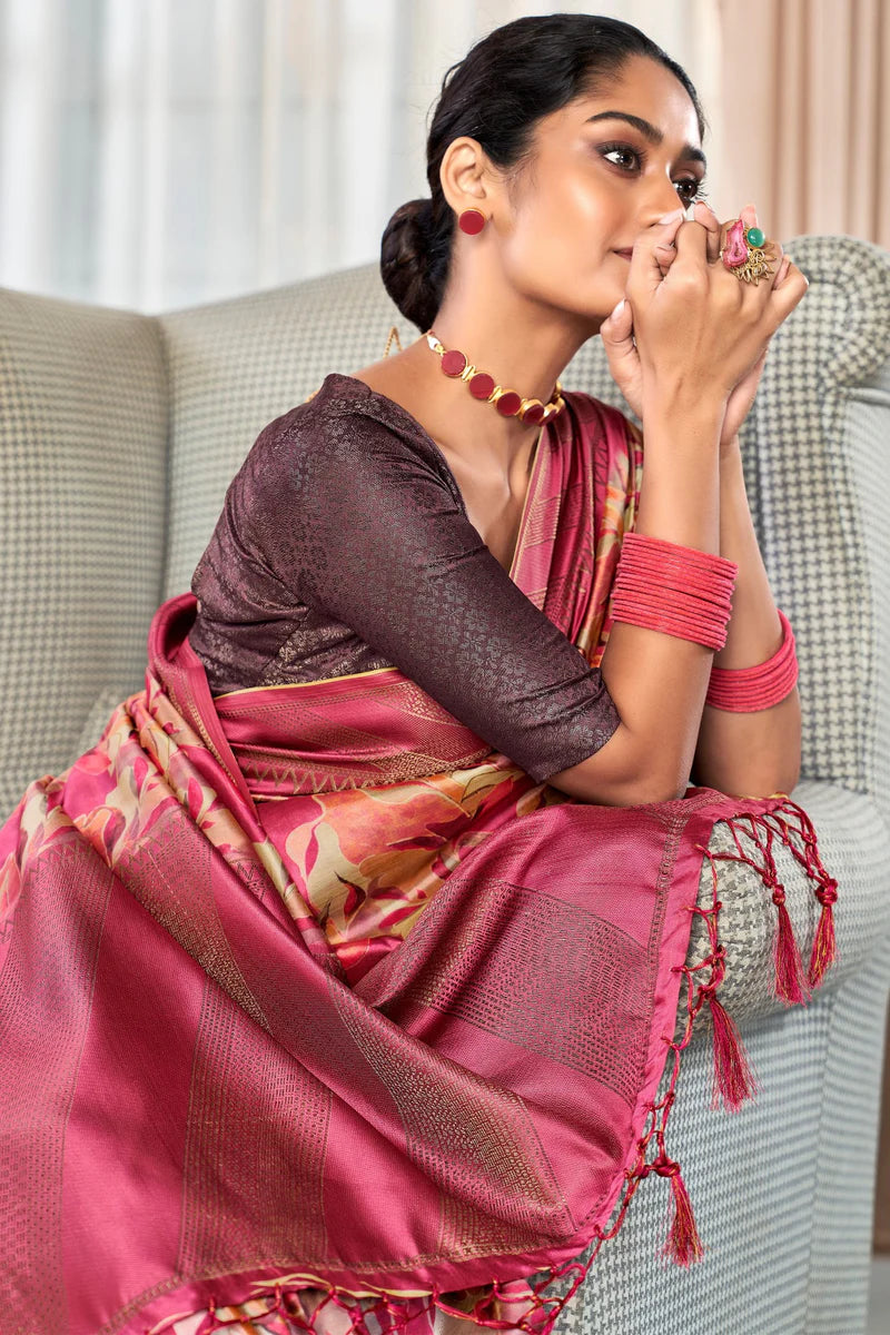 Pink color handloom silk saree with blouse price