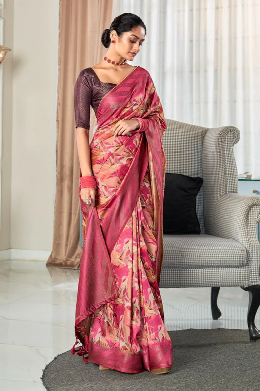 Pink color handloom silk saree for party