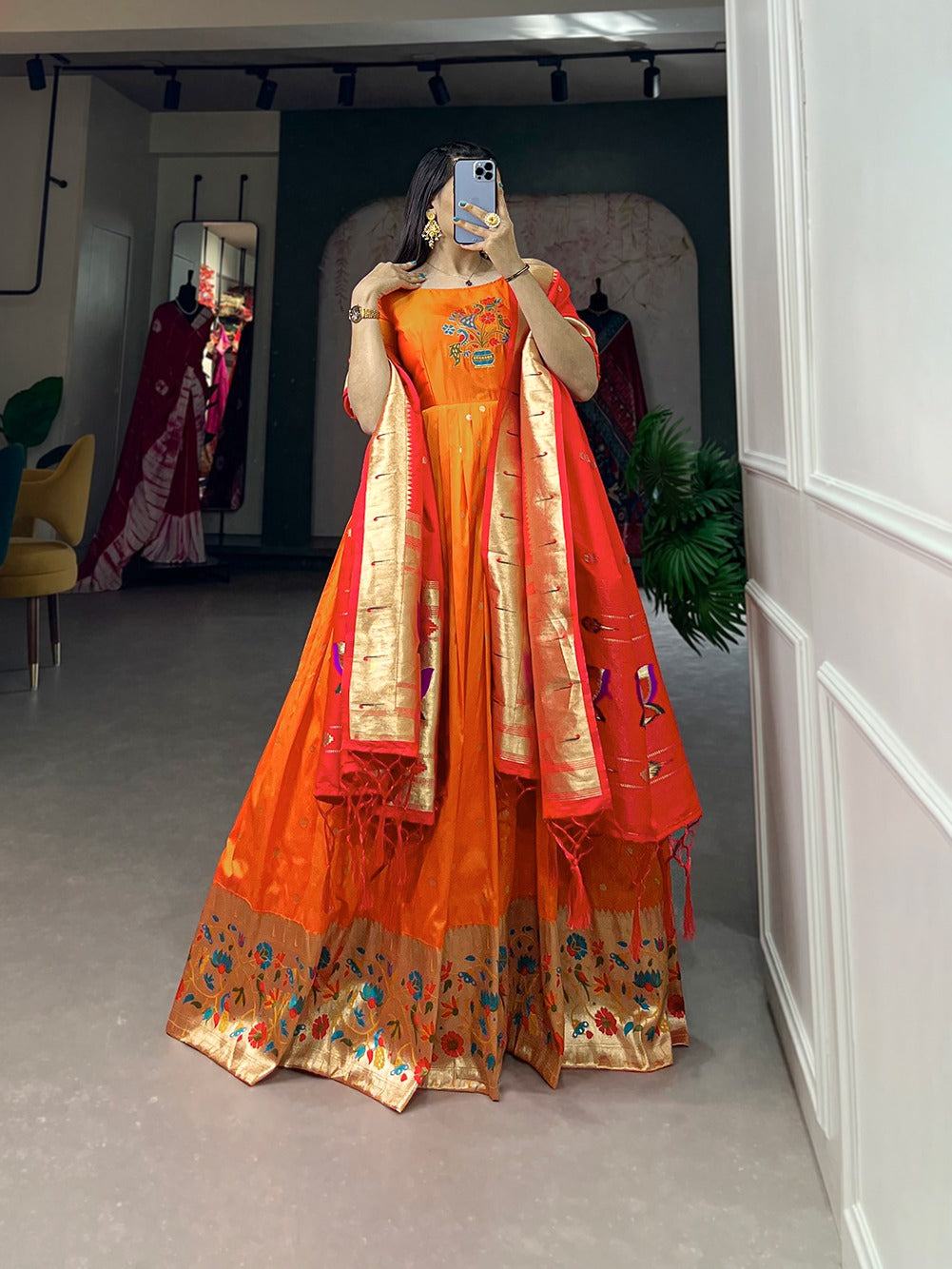 Orange color jacquard silk gown