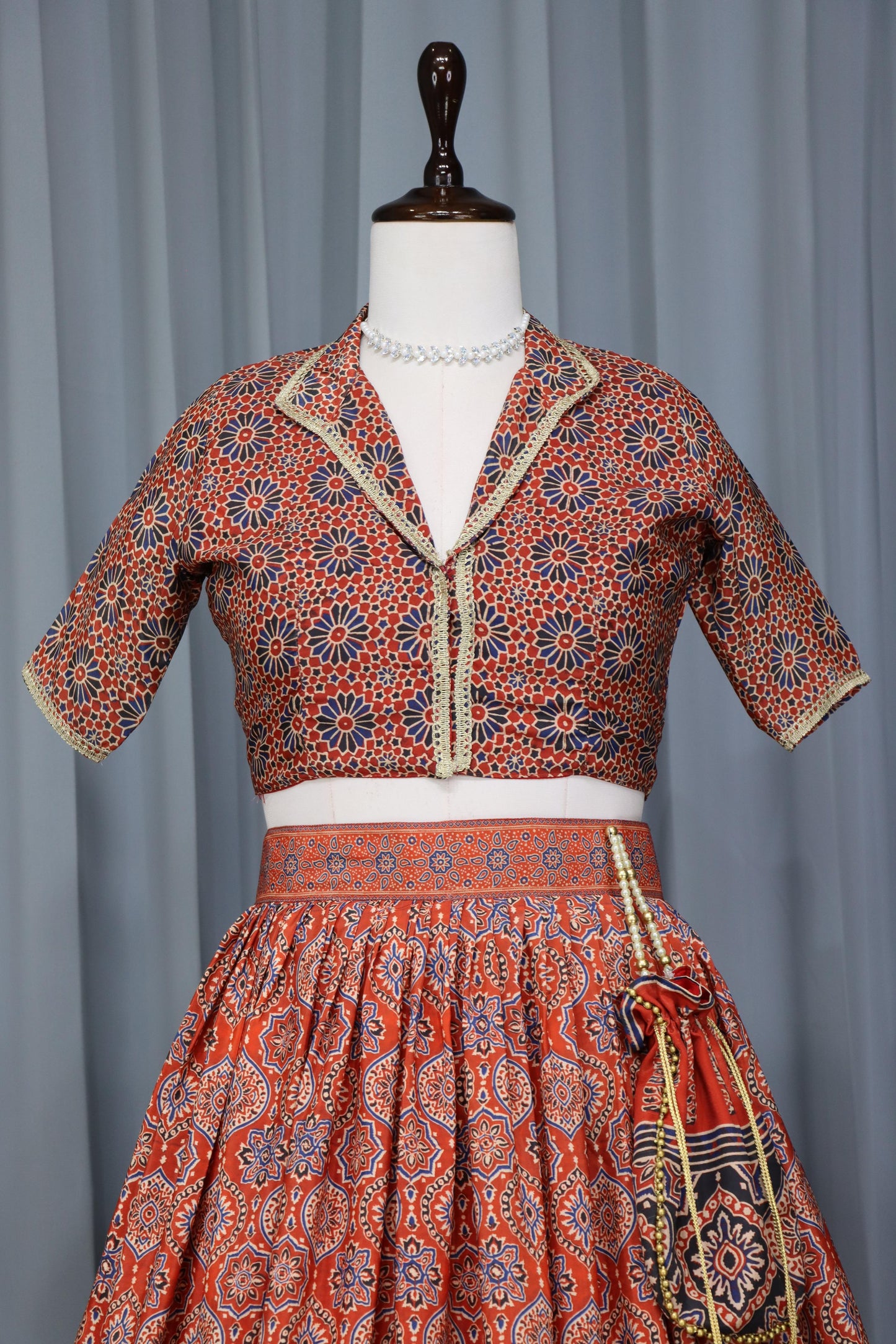 Orange silk crepe printed lehenga choli for wedding