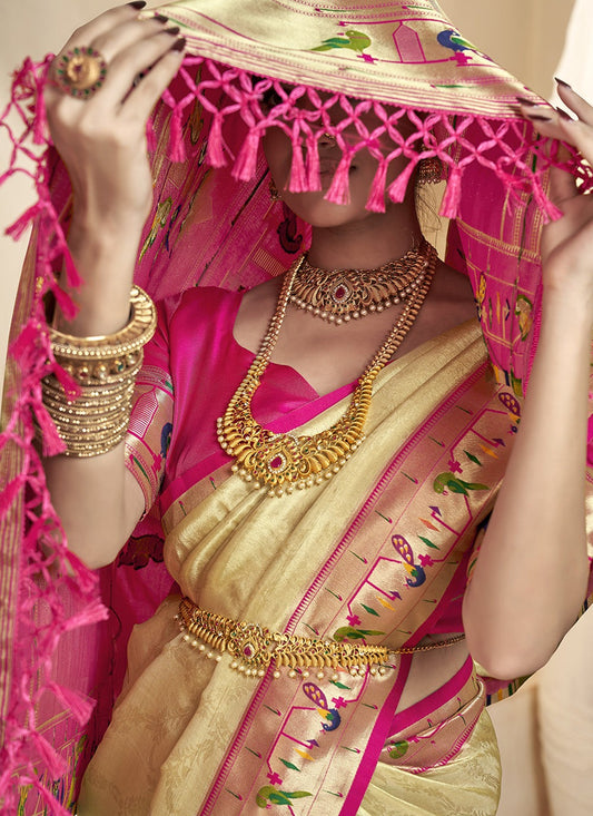 Beige green color paithani silk saree images