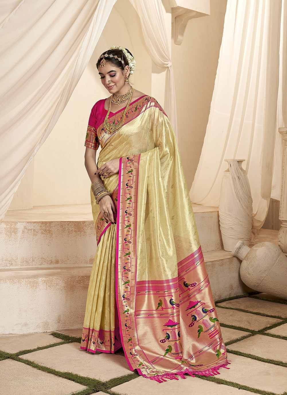 Beige green color paithani silk saree price
