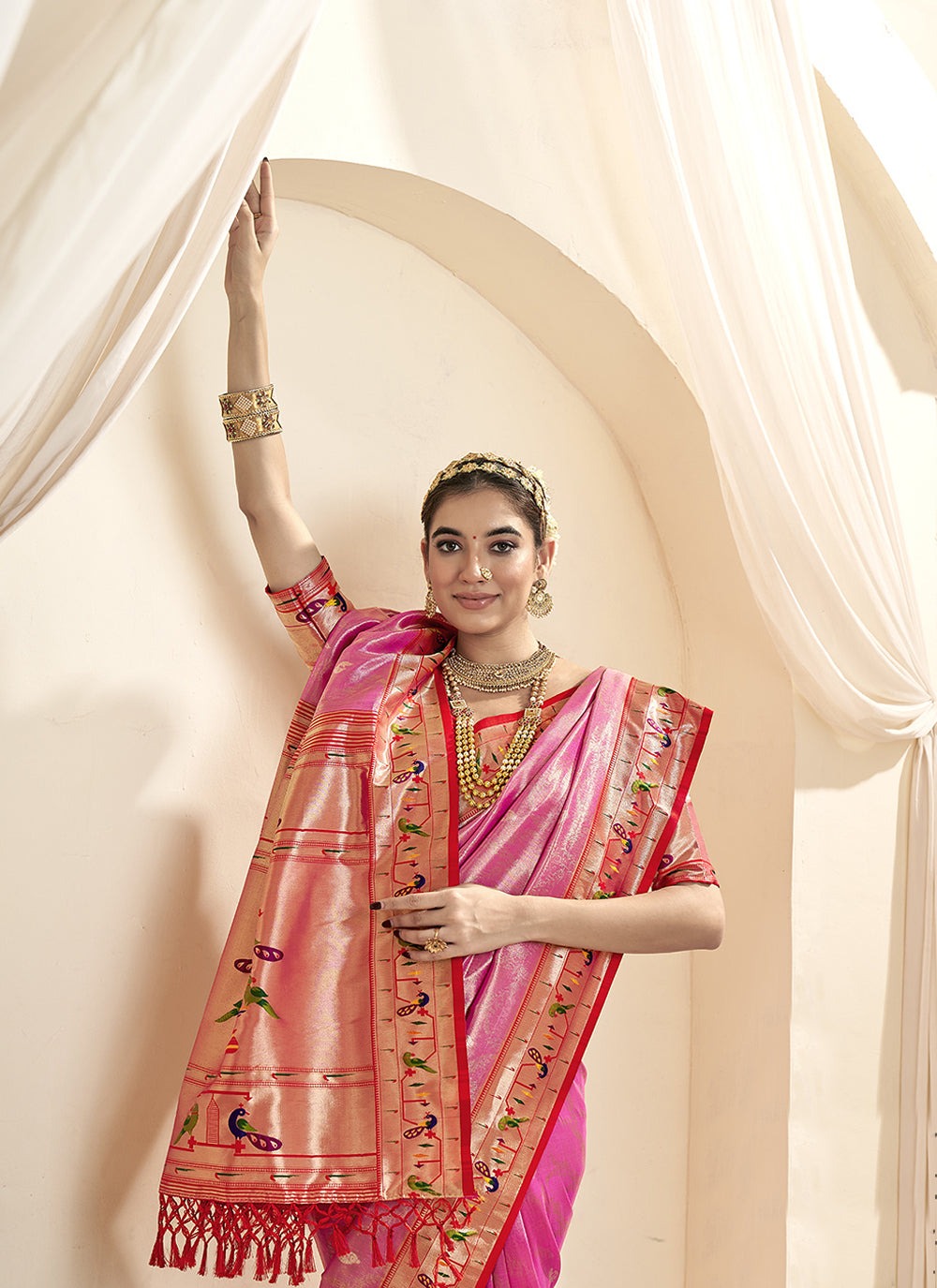 Pink color paithani silk saree price