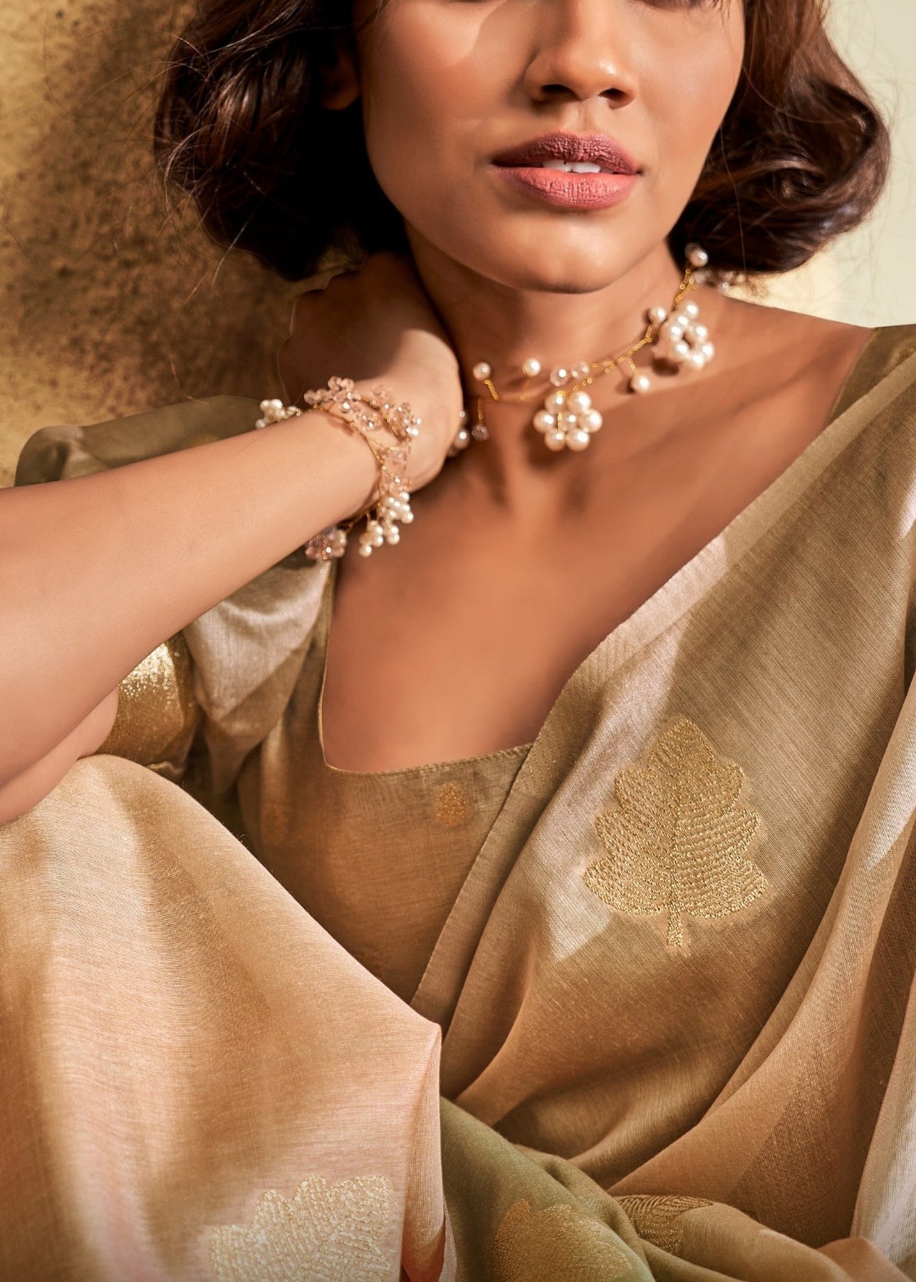 Beige khadi silk saree for women online