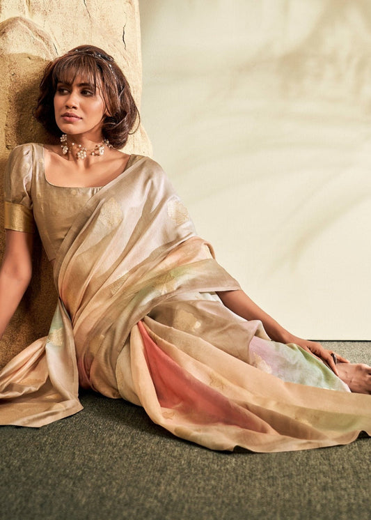 Beige khadi silk saree for women online shopping