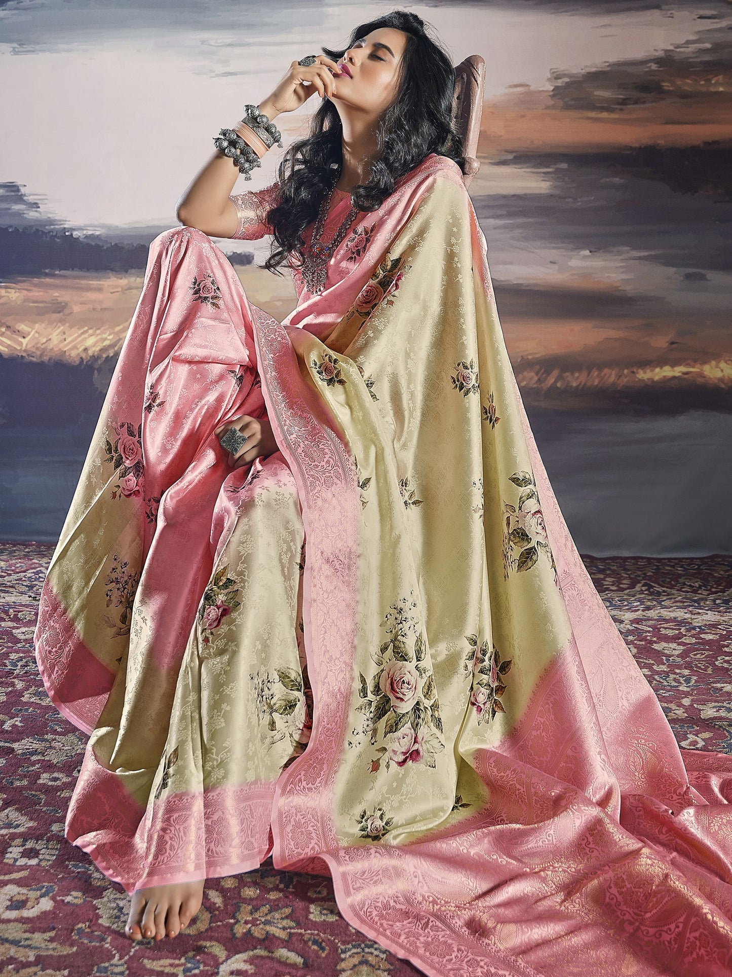 Green color satin weaving saree for women online