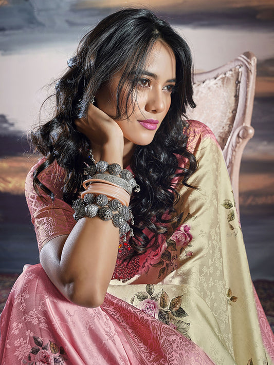 Cream satin weaving saree for women online