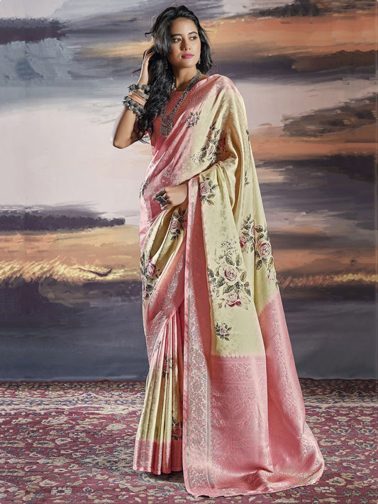 Pure cream satin weaving saree for women