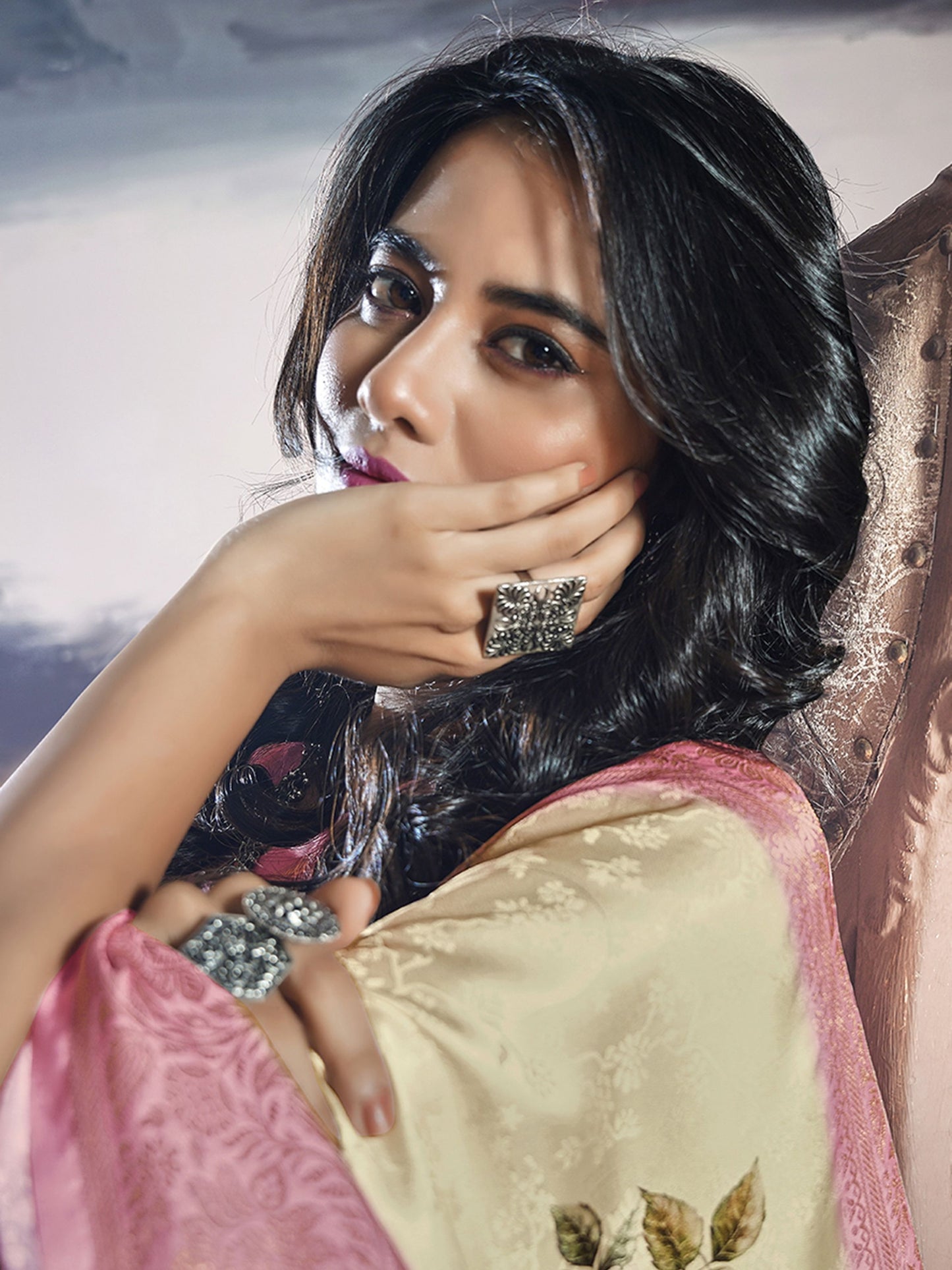 Cream satin weaving saree online price