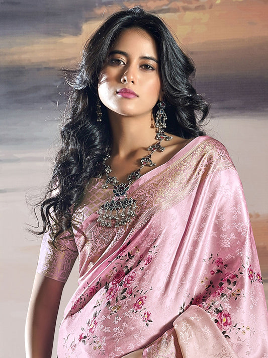Pink satin weaving saree for wedding