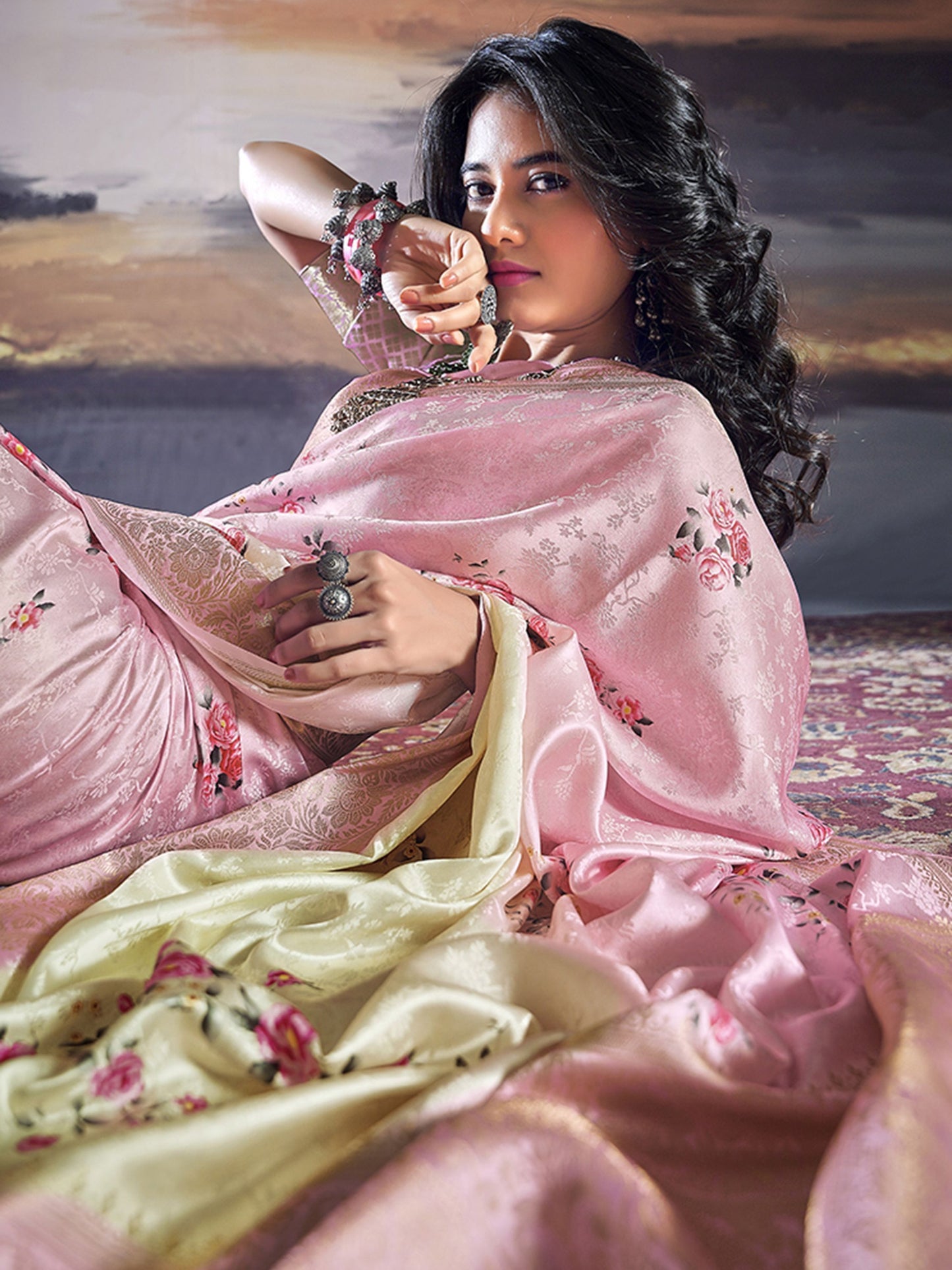 Pink satin weaving saree online shopping