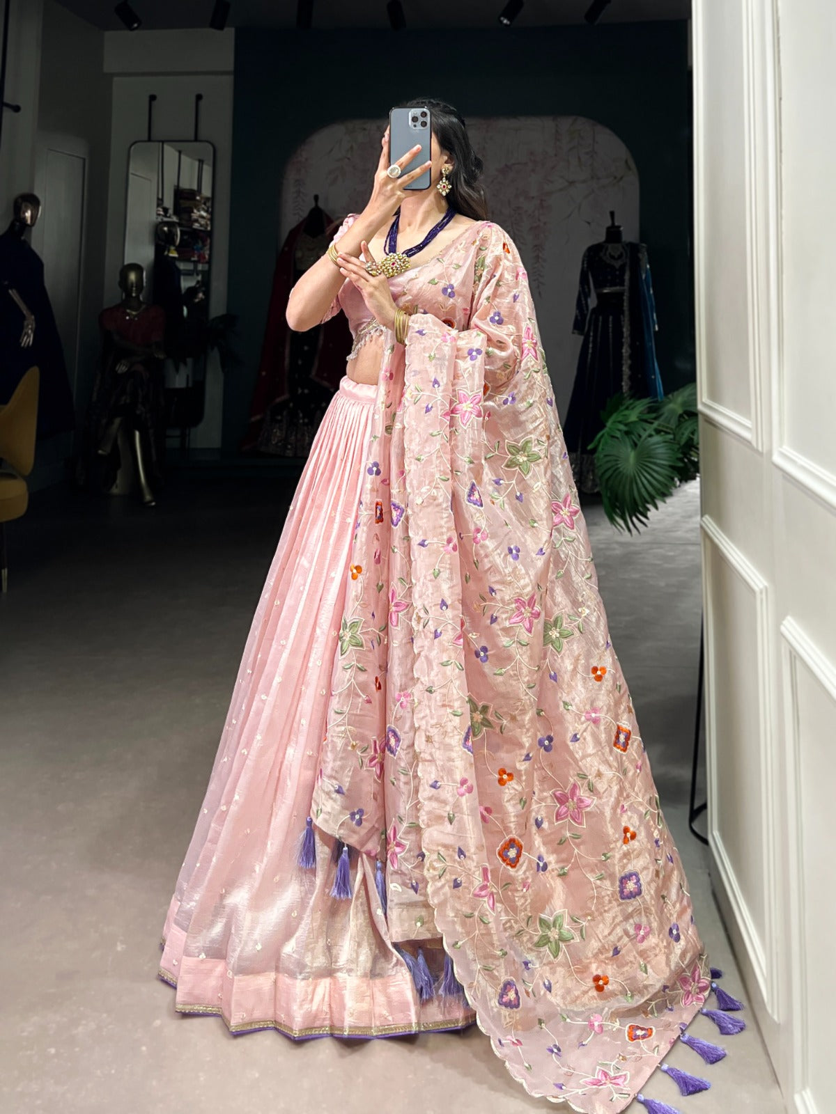 Light pink color gold crush lehenga choli with dupatta price