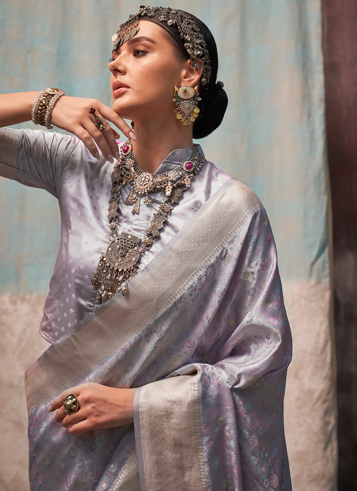 Pure lavender satin silk saree for women