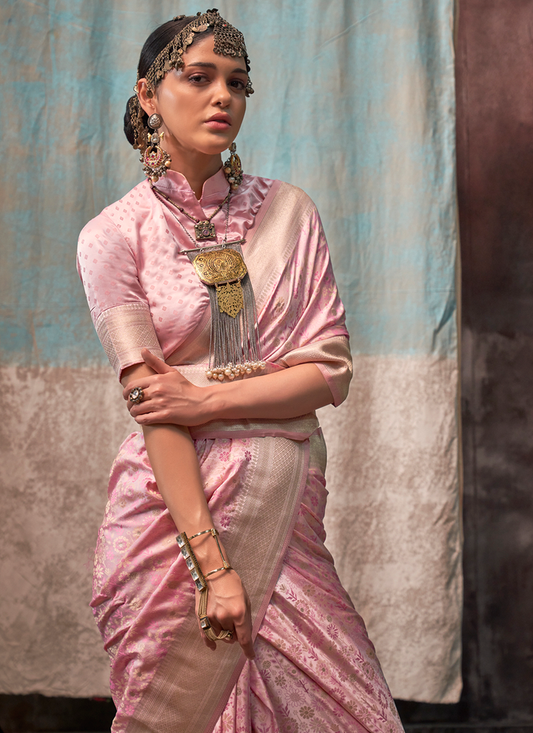 Pink satin silk saree for women price