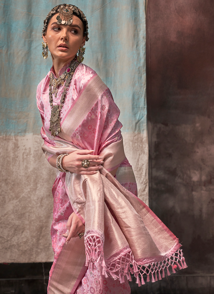 Light pink color satin silk saree for women