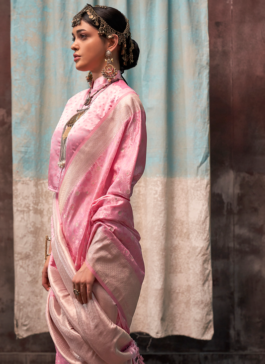 Pink color weaving silk saree for wedding