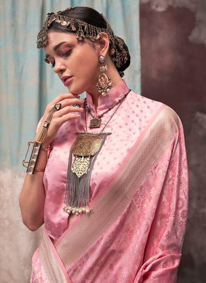 Pink color weaving satin silk saree for party online