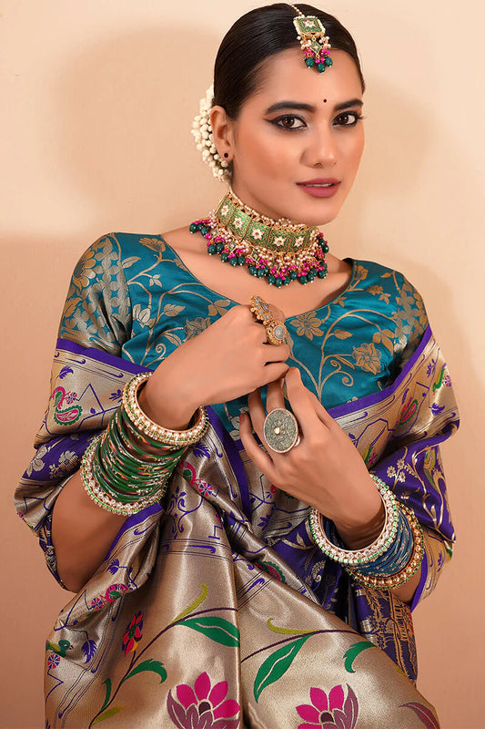 Pure purple color paithani silk saree for women