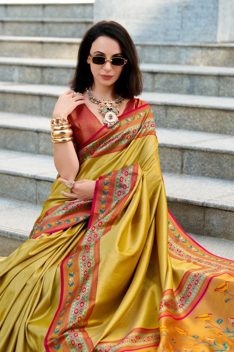 Golden color tissue silk saree online shopping
