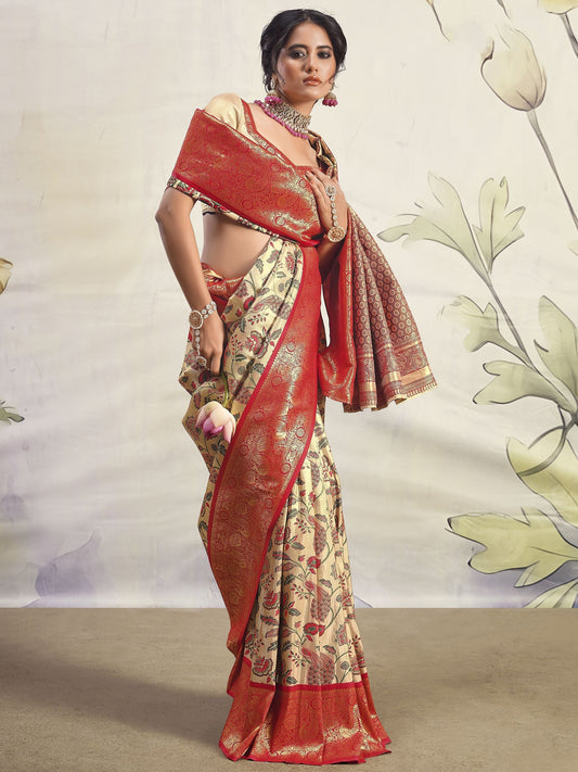 Beige color silk printed saree for women with price