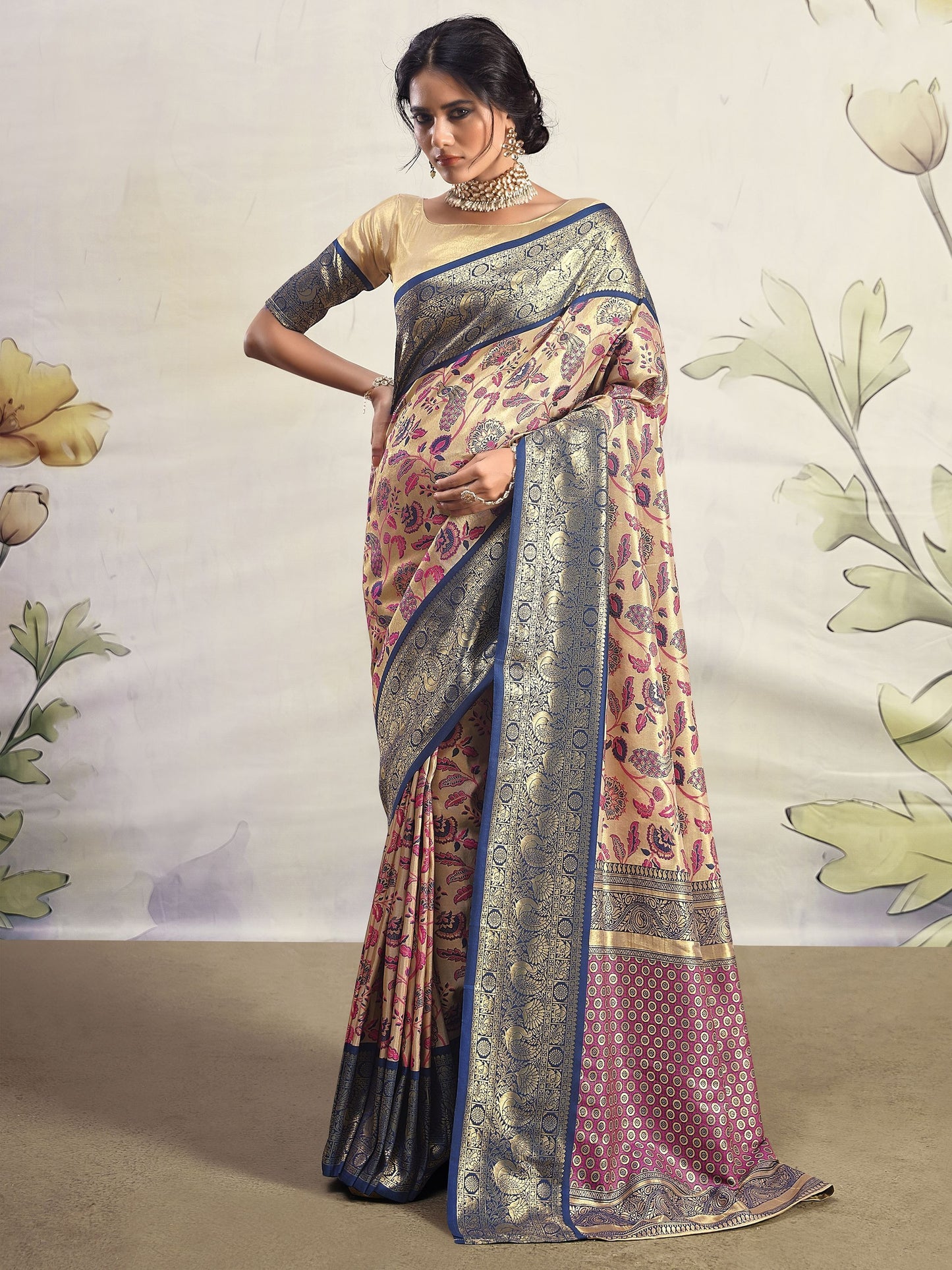 Blue color silk printed saree for women price