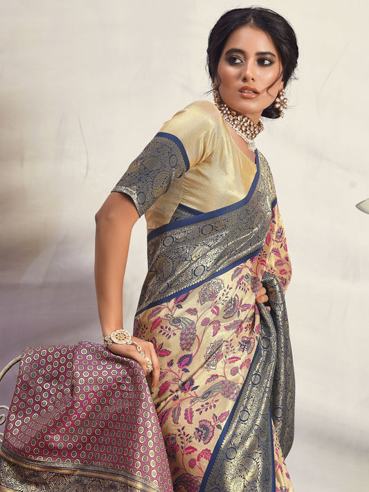 Dark blue color silk printed saree for women
