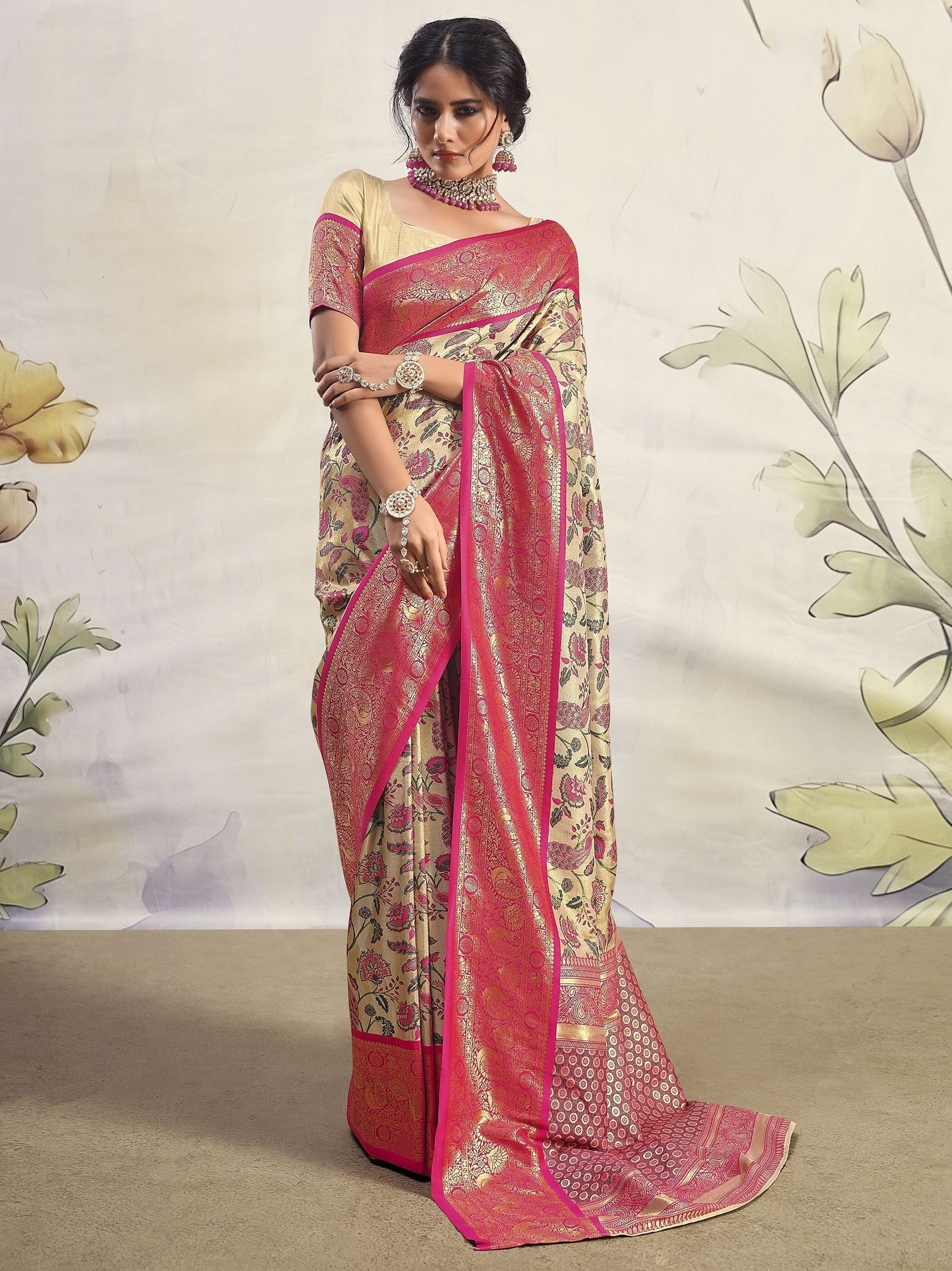 Pure pink color silk printed saree for women