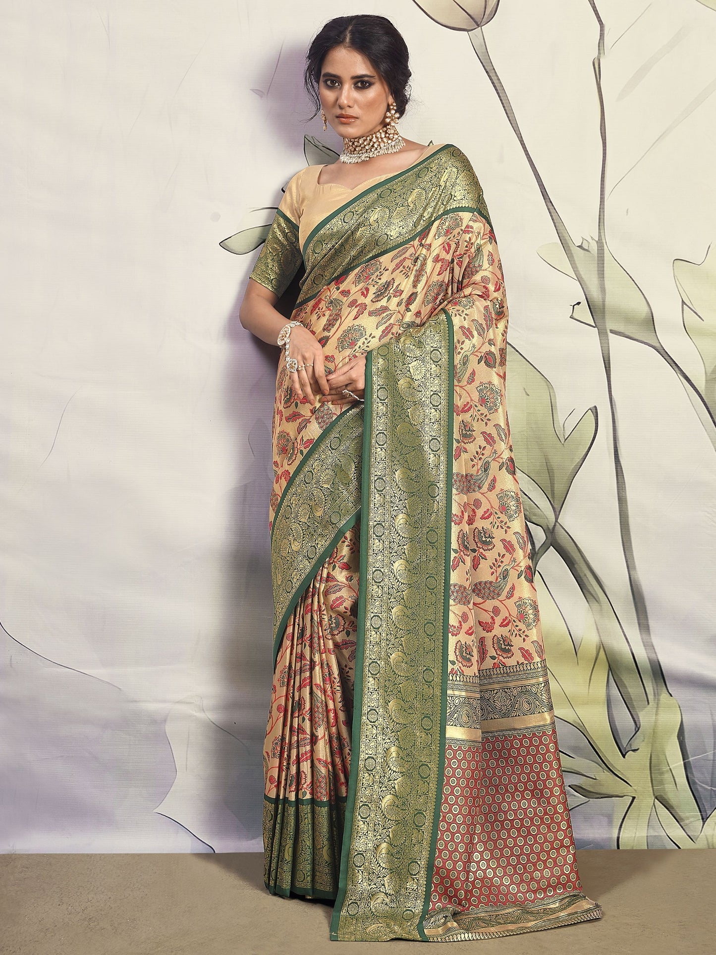 Green color silk printed saree for women price