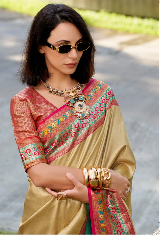 Beige color tissue silk saree with blouse images