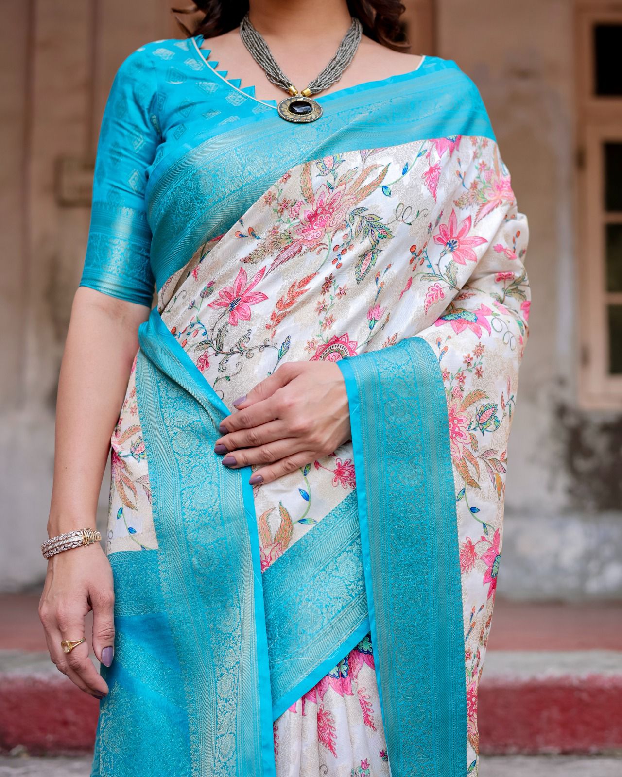 Sky color linen printed saree with blouse price