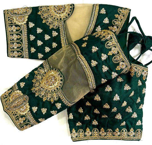 Green color coding work silk blouse for wedding