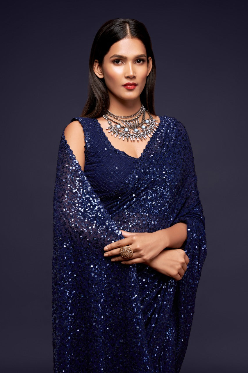 Navy blue color georgette saree