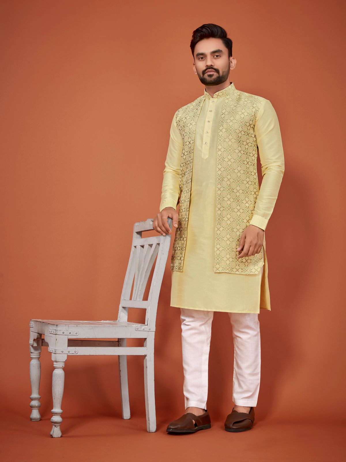 Yellow color designer koti kurta with pajama