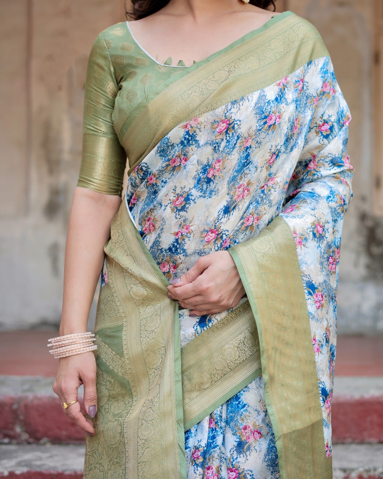 Green color banarasi silk saree with blouse price