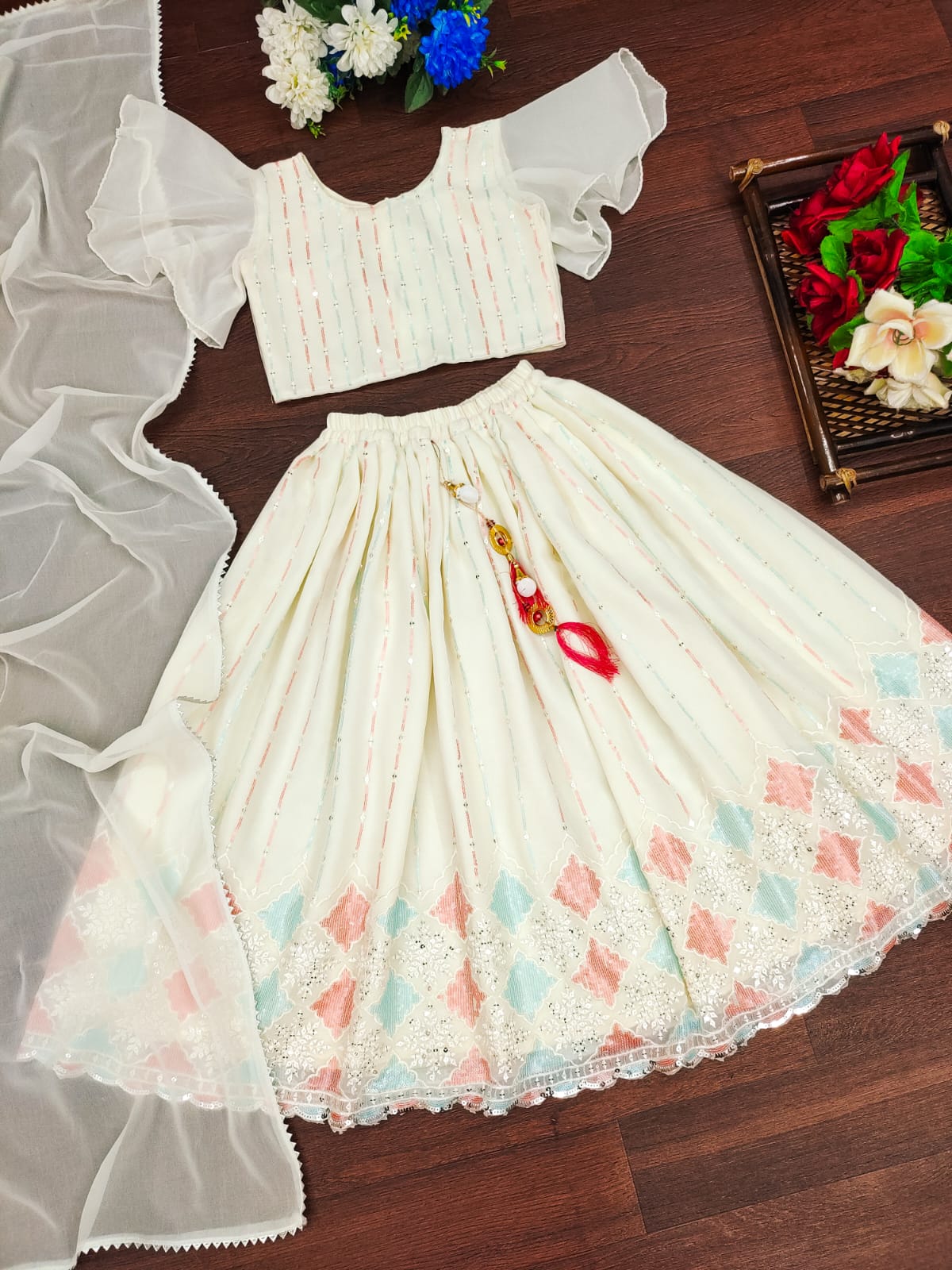 White color georgette lehenga choli for small girls online