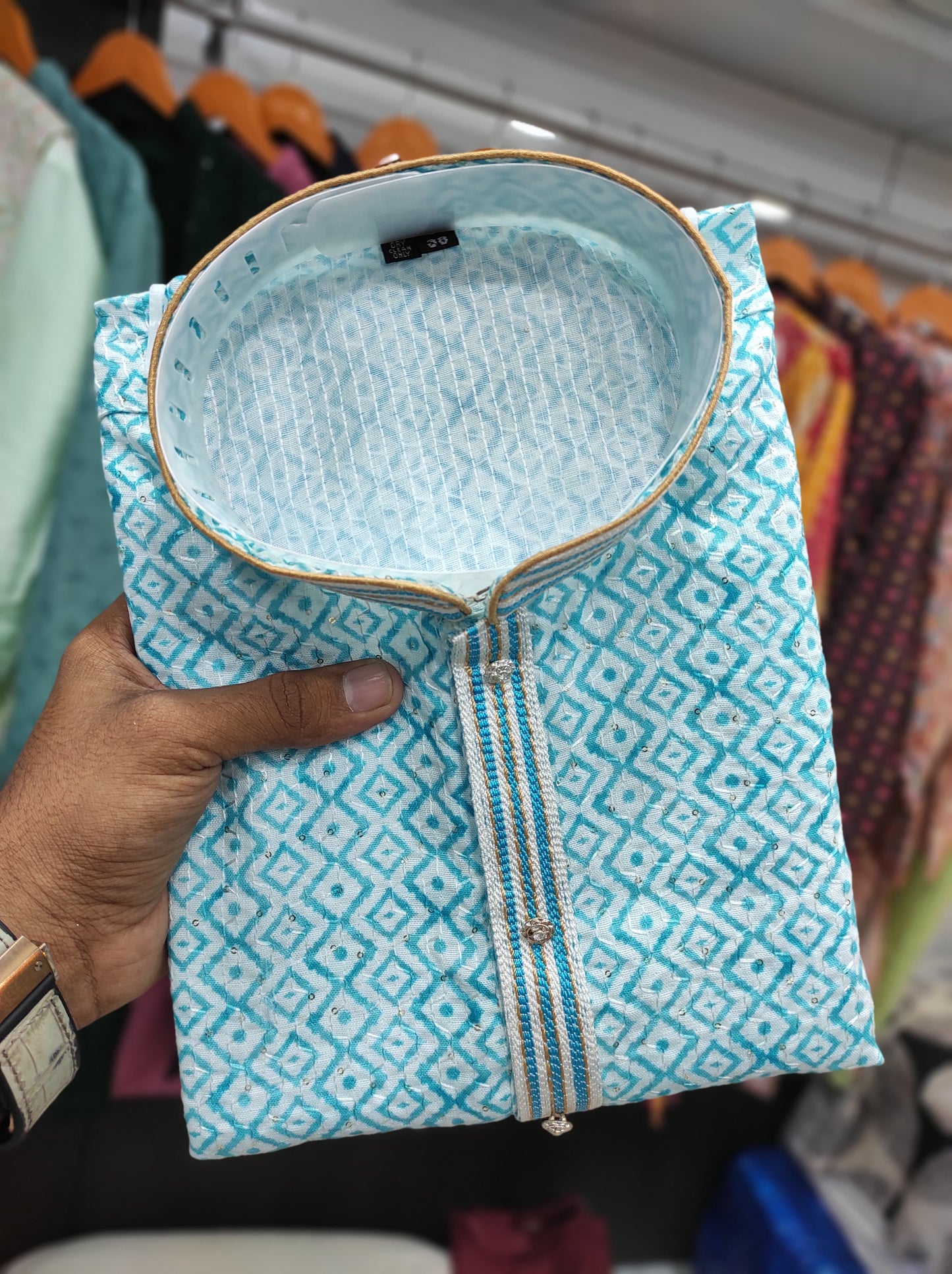 Sky color embroidery work kurta for party